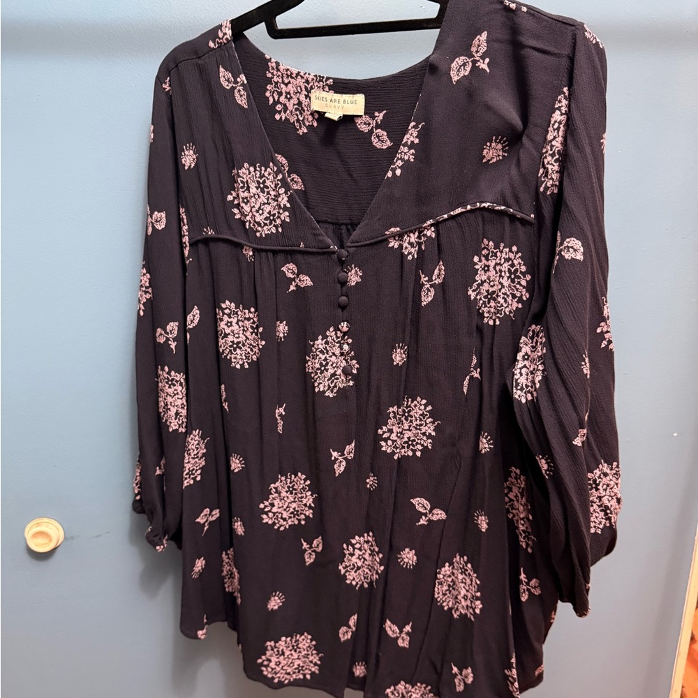 Skies Are Blue Dark Blouse with Pink Floral Pattern